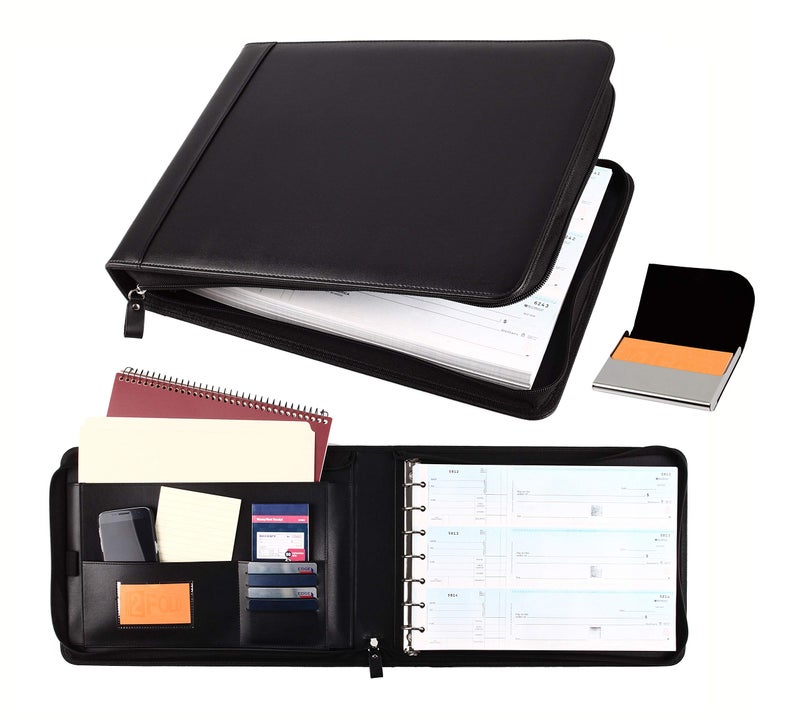 2Fold Zippered Business Checkbook Binder - 7 Ring Binder for Business Checks with Built-in Organizer and Card Case - PU Leather Portfolio for up to 600 3-Up Checks (Black) - Image 1